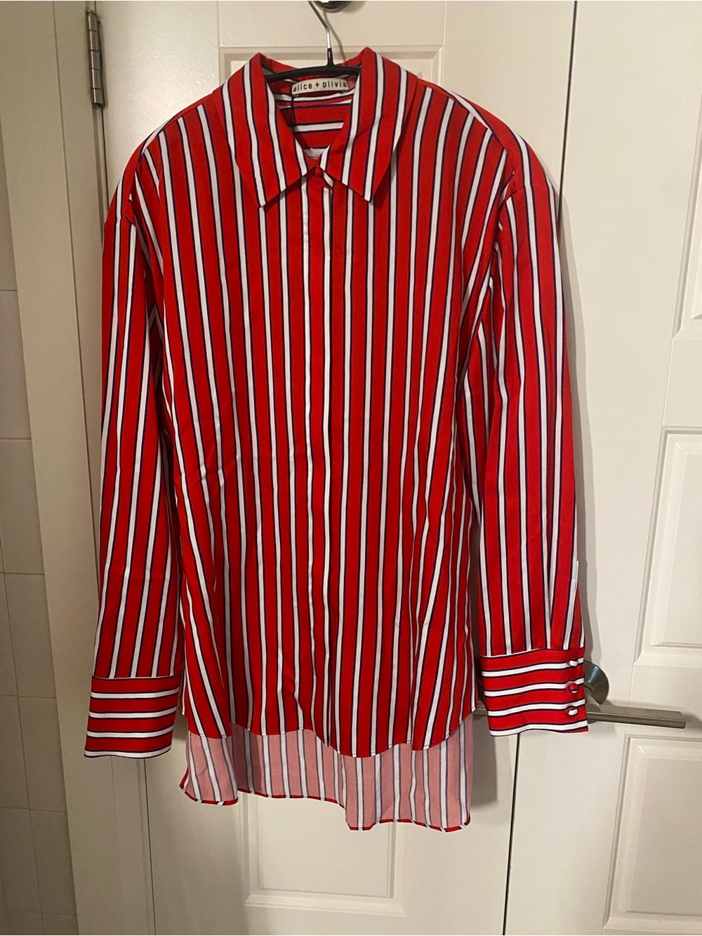 Alice + Olivia Red, White & Black Vertical Stripe Button-Down Blouse